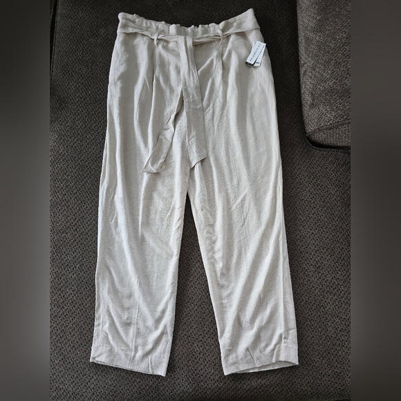 Bar III Pants Women Sz L Nude High Rise Linen Blend Belted Ankle Neutral… - Picture 3 of 11